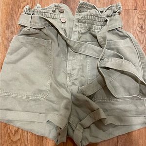 High waisted paper bag olive green shorts
